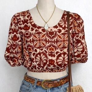 Rachel Zoe Boho Peasant Crop Top Floral Linen Blend Puff Sleeve Size M